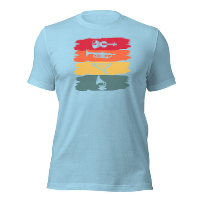 Camiseta de armonía de instrumentos vintage: violín, trompeta, arpa y gramófono