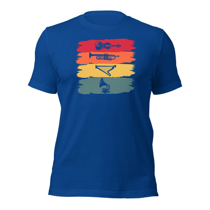 Camiseta de armonía de instrumentos vintage: violín, trompeta, arpa y gramófono